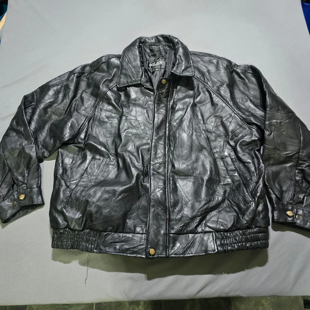 Milan Leather Bomber Jacket Mens 2X Black Patchwork Genuine Leather Moto Coat